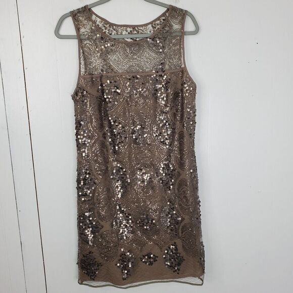 Max Studio Dress Mini Sequin HIgh Neck Brown Event New Years Lined Womens M - Picture 1 of 12